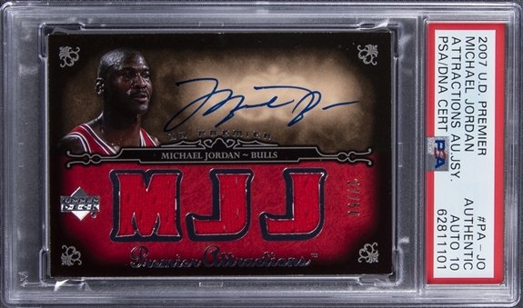 2007-08 UD Premier "Premier Attractions" #PA-JO Michael Jordan Signed Game Used Patch Card (#27/50) – PSA Authentic, PSA/DNA 10